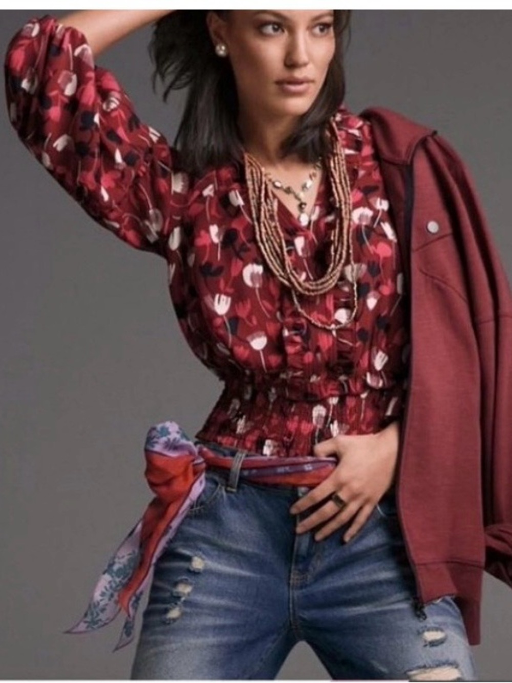 CAbi Burgundy Floral Smocked-Waist Blouse